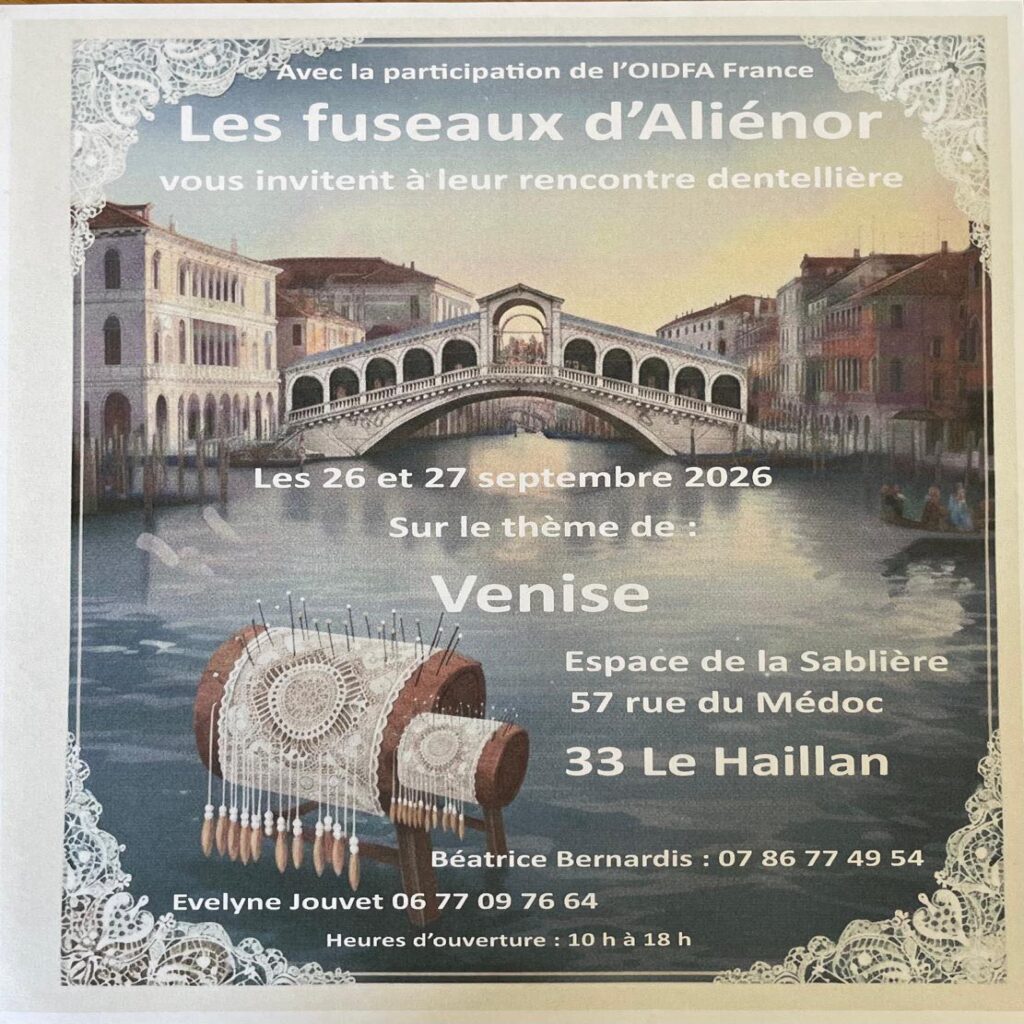 Cartel del encuentro dentellière de Les fuseaux d'Alienor, tema Venise, Le Haillan, 26 y 27 de septiembre de 2026