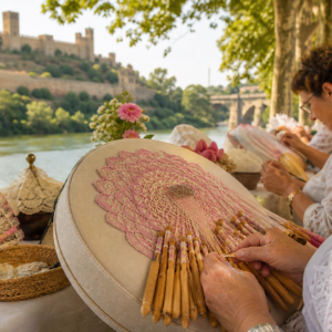 Encajeras trabajando con bolillos junto al río Guadaíra y el castillo de Alcalá