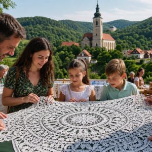 Familia contemplando una gran pieza de encaje en Lepoglava, Croacia