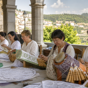 Palilleiras trabajando encaje de bolillos en Monforte de Lemos, Ribeira Sacra