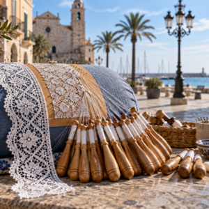 Encaje de bolillos en una plaza mediterránea de Vilanova i la Geltrú