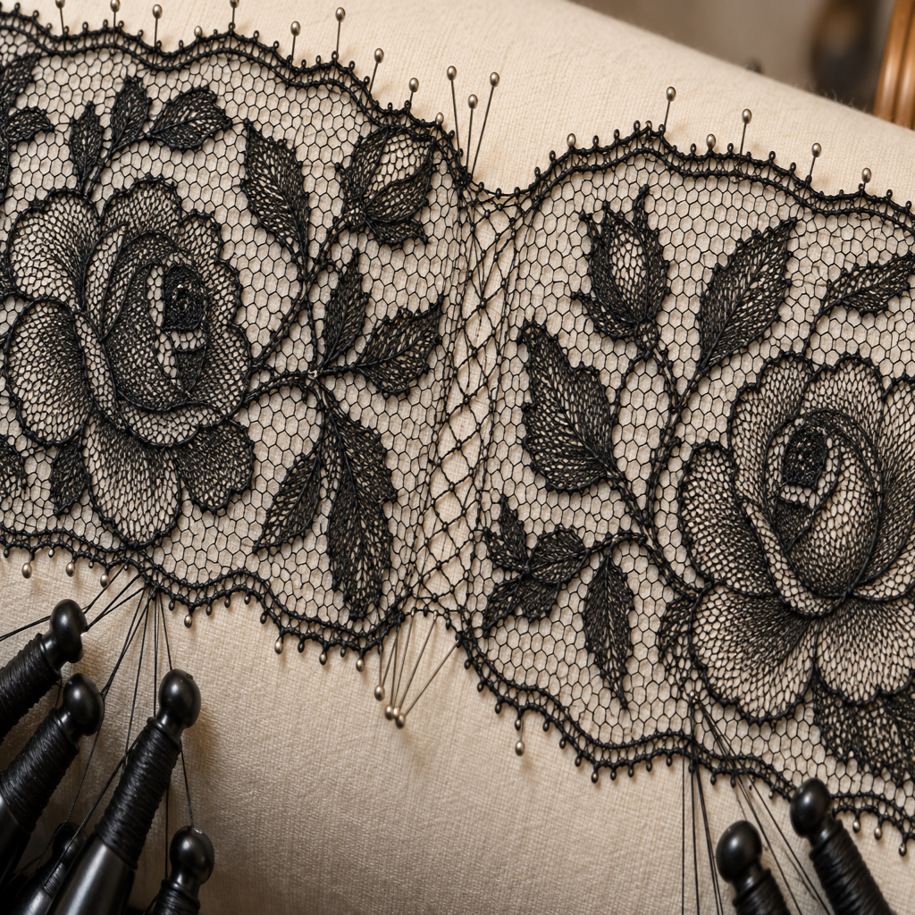 Detalle del encaje Chantilly con malla hexagonal y flores de seda negra