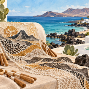 Encaje contemporáneo inspirado en un paisaje volcánico de Lanzarote junto a bolillos