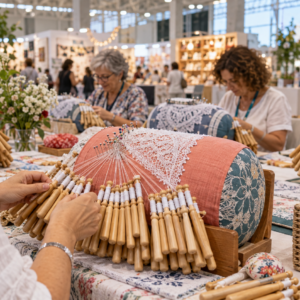 Encuentro de bolillos en Creativa Barcelona con encajeras trabajando en La Farga