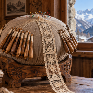 Encaje de Cogne sobre su cojín circular ante las montañas del Gran Paradiso