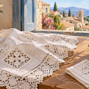 Encaje blanco de Lefkara sobre lino junto a un paisaje mediterráneo