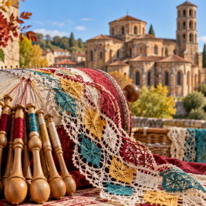 Encaje Cluny de colores ante la basílica de Brioude en otoño