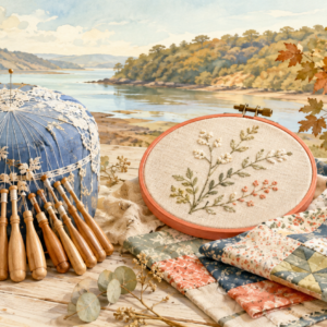 Ilustración generada de bolillos, bordado y patchwork junto a un paisaje fluvial gallego