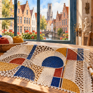 Encaje contemporáneo de colores junto a bolillos en un taller de Brujas