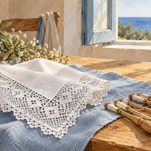 Pañuelo de encaje blanco y bolillos junto a una ventana abierta al mar