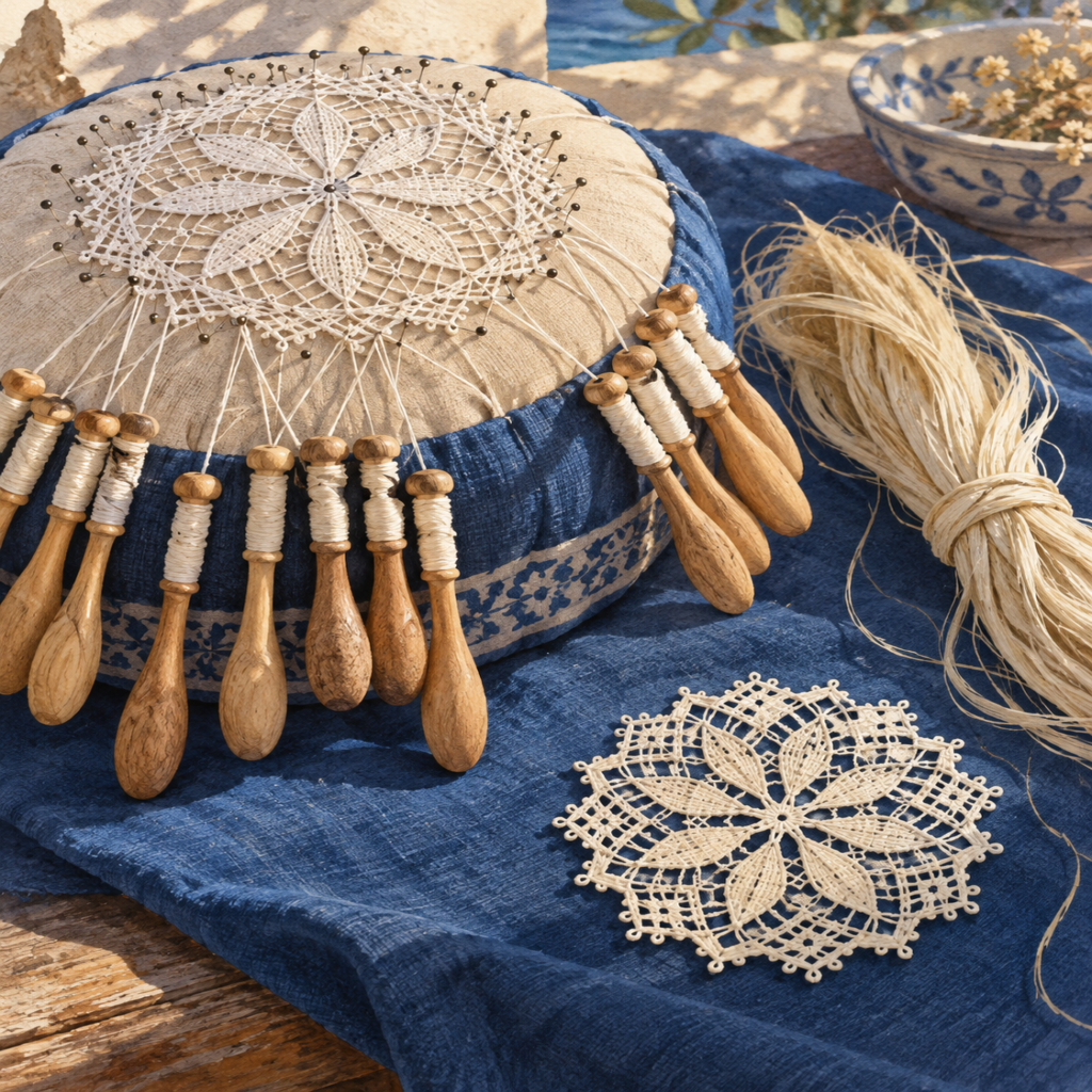 Almohada de encaje de bolillos y fibras vegetales sobre tela azul