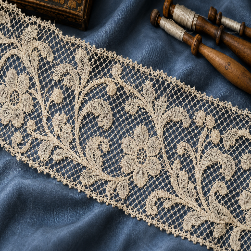 Detalle de encaje de Valenciennes con flores y una fina malla de rombos