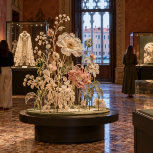 Exposición de encaje inspirada en flores y naturaleza en un palacio veneciano