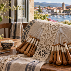 Mesa de encaje de bolillos con flores y paisaje costero de Hondarribia