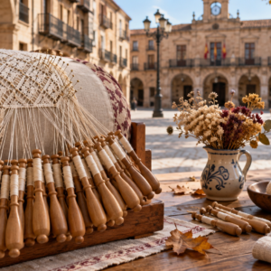 Cojín de encaje de bolillos ante la Plaza Mayor de Soria en otoño
