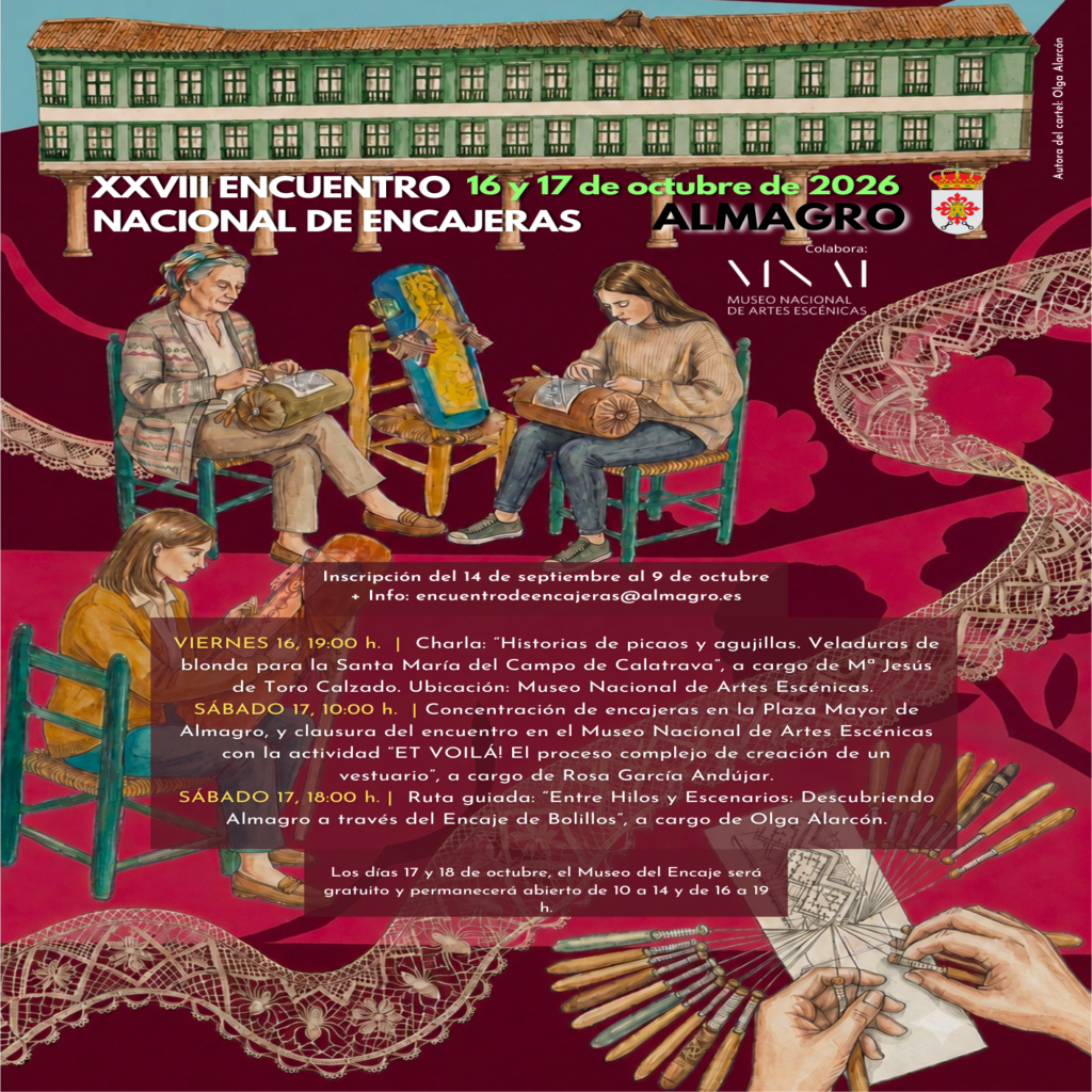 Cartel de Olga Alarcón para el XXVIII Encuentro Nacional de Encajeras de Almagro, 16 y 17 de octubre de 2026