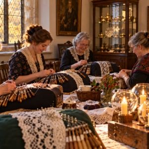 Encajeras reunidas con bolillos y luces tradicionales durante Cattern Day