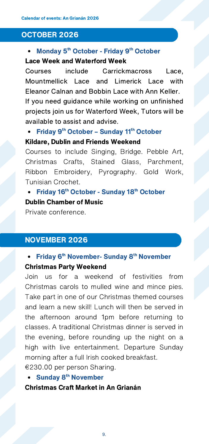 Programa oficial de octubre con las fechas y cursos de la National Lace Week de An Grianán