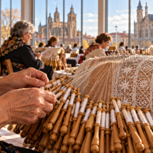 Encuentro de encajeras trabajando con bolillos ante el perfil monumental de Astorga
