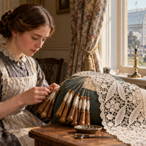 Encajera victoriana trabajando un guipur de lino con bolillos