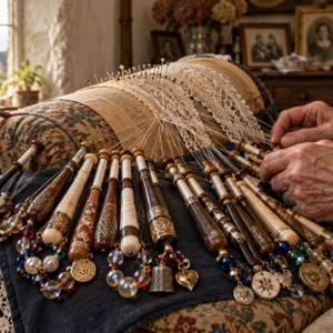 Bolillos ingleses decorados con cuentas y recuerdos sobre una almohadilla