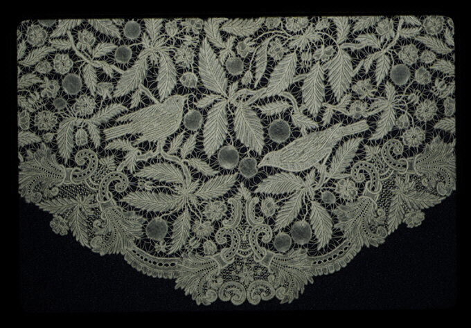 Fichu británico de Honiton con flores y uniones sobre fondo abierto