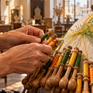 Manos trabajando encaje de bolillos en color durante un taller en Bruselas
