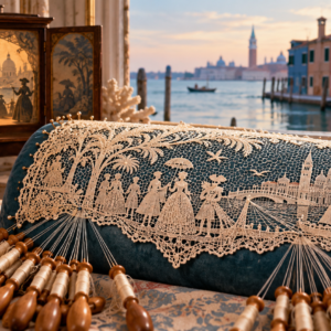 Encaje contemporáneo inspirado en Venecia y el Mondo Novo sobre una almohadilla