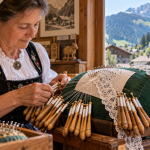 Encajera trabajando con bolillos ante las montañas de Château-d’Œx