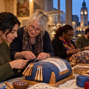 Grupo aprendiendo encaje de bolillos durante una velada en un museo de Croydon