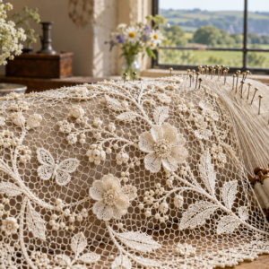 Encaje de Honiton con flores y motivos separados trabajados con bolillos