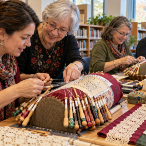 Demostración comunitaria de encaje de bolillos en una biblioteca de Nueva Jersey