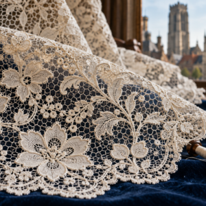 Encaje de Malinas sobre terciopelo azul con bolillos y la ciudad flamenca al fondo