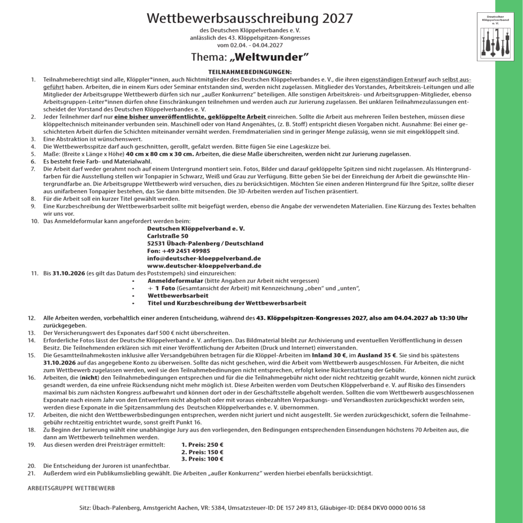 Bases oficiales del concurso Weltwunder 2027 del Deutscher Klöppelverband