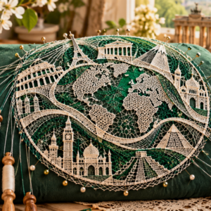 Encaje contemporáneo con un mapa del mundo y monumentos tejido con bolillos