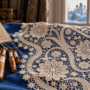 Encaje blanco de Yelets con flores y tallos sobre tela azul