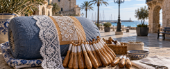 Encaje de bolillos en una plaza mediterránea de Vilanova i la Geltrú