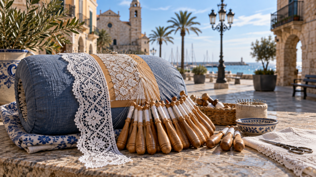 Encaje de bolillos en una plaza mediterránea de Vilanova i la Geltrú