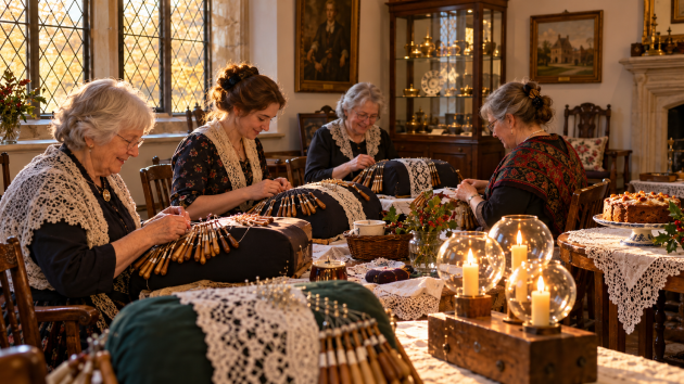 Encajeras reunidas con bolillos y luces tradicionales durante Cattern Day