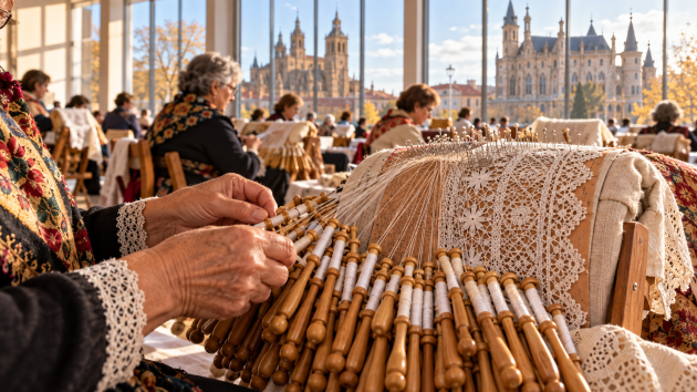 Encuentro de encajeras trabajando con bolillos ante el perfil monumental de Astorga