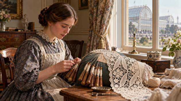 Encajera victoriana trabajando un guipur de lino con bolillos