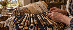 Bolillos ingleses decorados con cuentas y recuerdos sobre una almohadilla