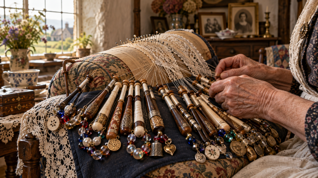 Bolillos ingleses decorados con cuentas y recuerdos sobre una almohadilla