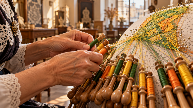 Manos trabajando encaje de bolillos en color durante un taller en Bruselas