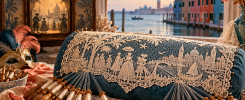 Encaje contemporáneo inspirado en Venecia y el Mondo Novo sobre una almohadilla