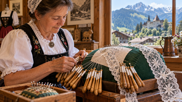 Encajera trabajando con bolillos ante las montañas de Château-d’Œx
