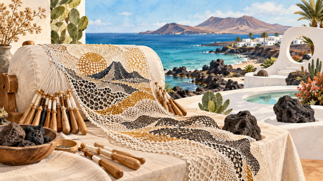 Encaje contemporáneo inspirado en un paisaje volcánico de Lanzarote junto a bolillos