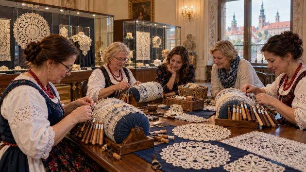 Encuentro de encajeras en un museo histórico de Cracovia