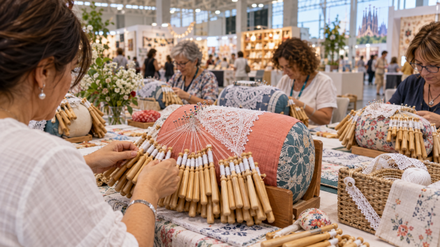 Encuentro de bolillos en Creativa Barcelona con encajeras trabajando en La Farga