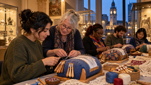 Grupo aprendiendo encaje de bolillos durante una velada en un museo de Croydon
